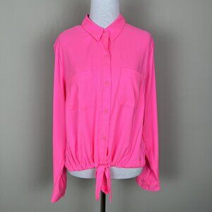 Express Shirt Top Women Large Relaxed Portofino Tie Front Button Long Sleeve NEW